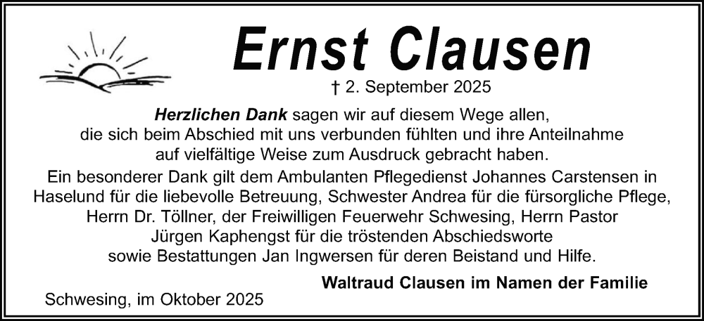  Traueranzeige für Ernst Clausen vom 04.10.2025 aus Husumer Nachrichten, Nordfriesland Tageblatt