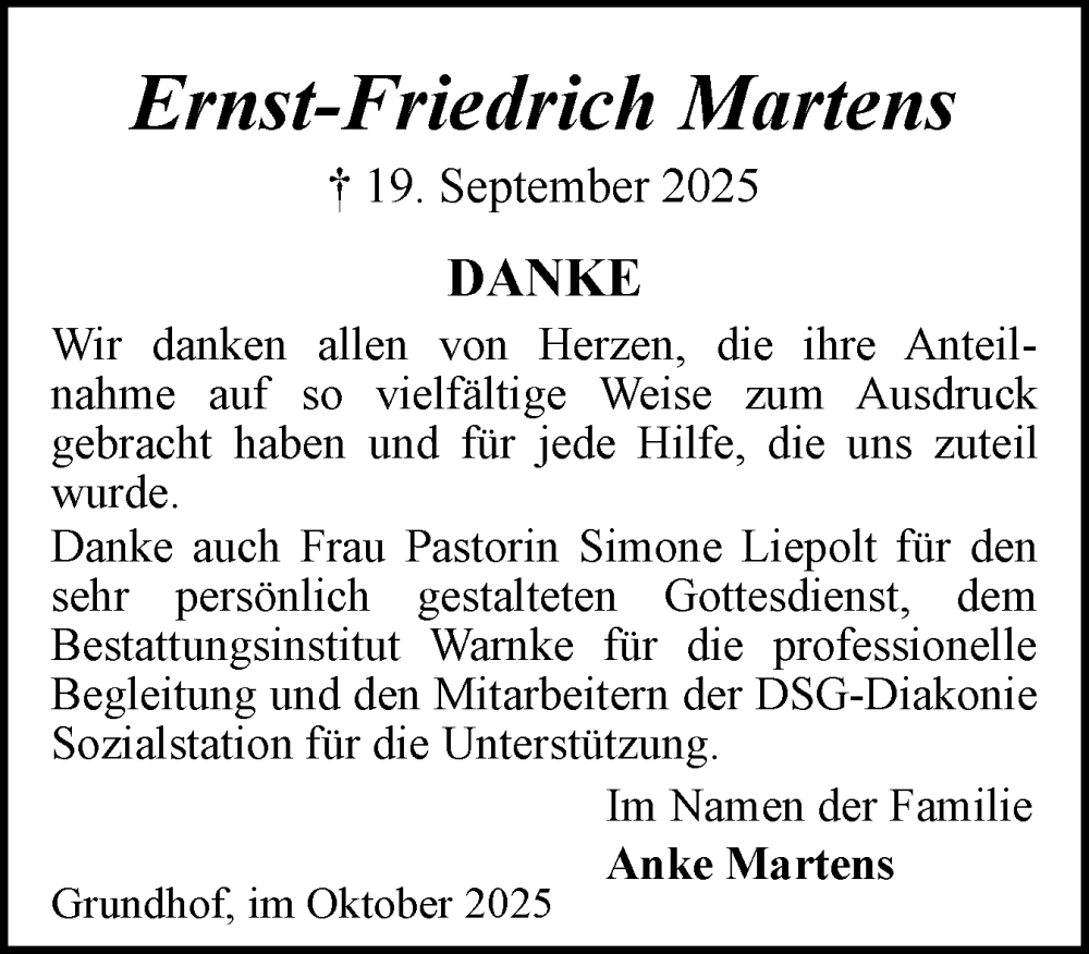  Traueranzeige für Ernst-Friedrich Martens vom 25.10.2025 aus Flensburger Tageblatt