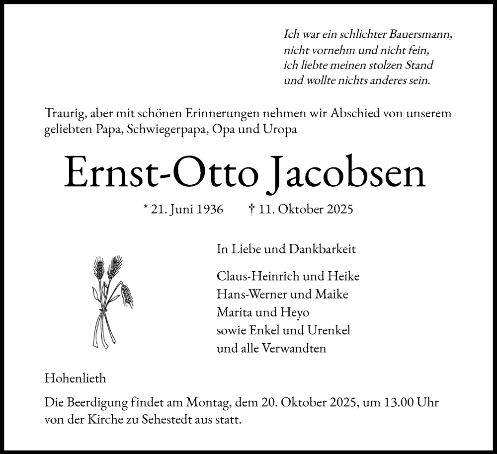  Traueranzeige für Ernst-Otto Jacobsen vom 18.10.2025 aus Eckernförder Zeitung, Hallo Eckernförde