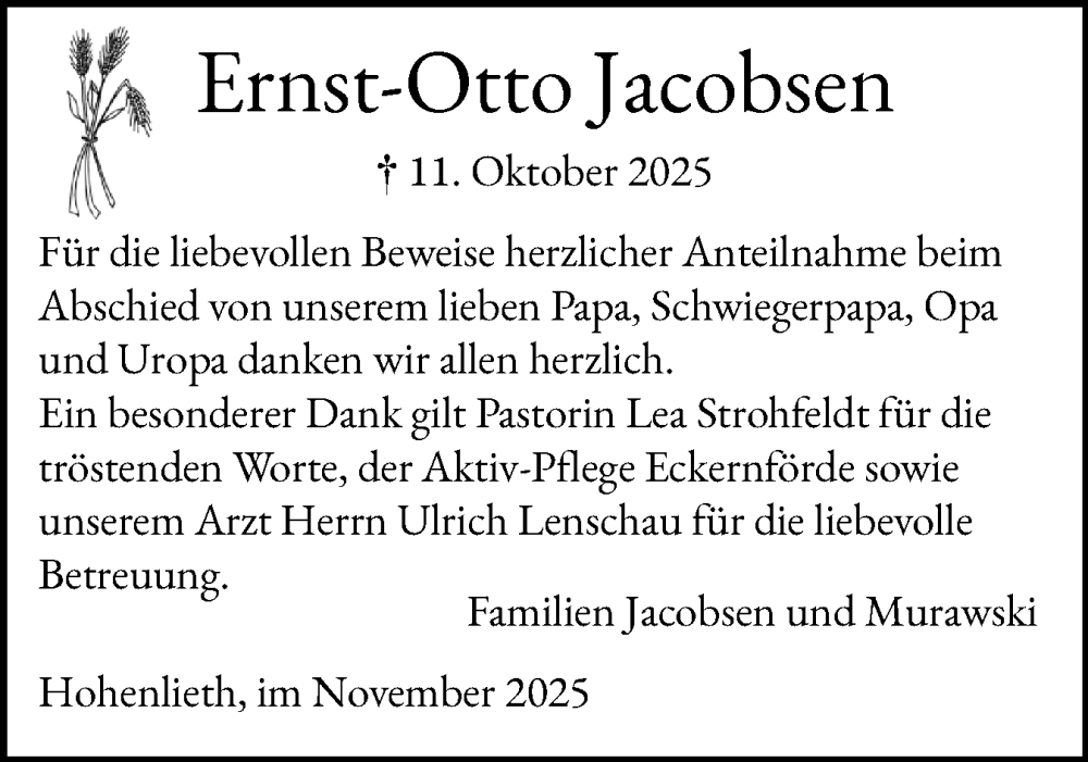  Traueranzeige für Ernst-Otto Jacobsen vom 01.11.2025 aus Eckernförder Zeitung, Hallo Eckernförde