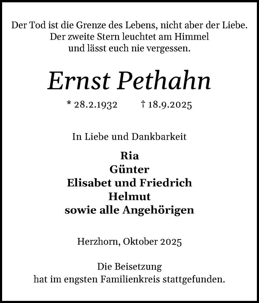  Traueranzeige für Ernst Pethahn vom 18.10.2025 aus Region Steinburg-Elmshorn