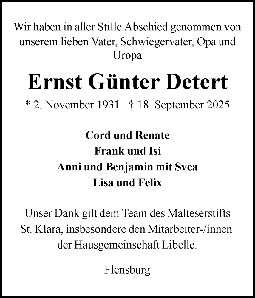  Traueranzeige für Ernst Günter Detert vom 18.10.2025 aus Flensburger Tageblatt
