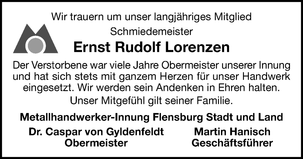  Traueranzeige für Ernst Rudolf Lorenzen vom 01.11.2025 aus Flensburger Tageblatt