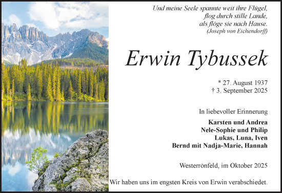 Traueranzeige von Erwin Tybussek von Schleswig-Holsteinische Landeszeitung