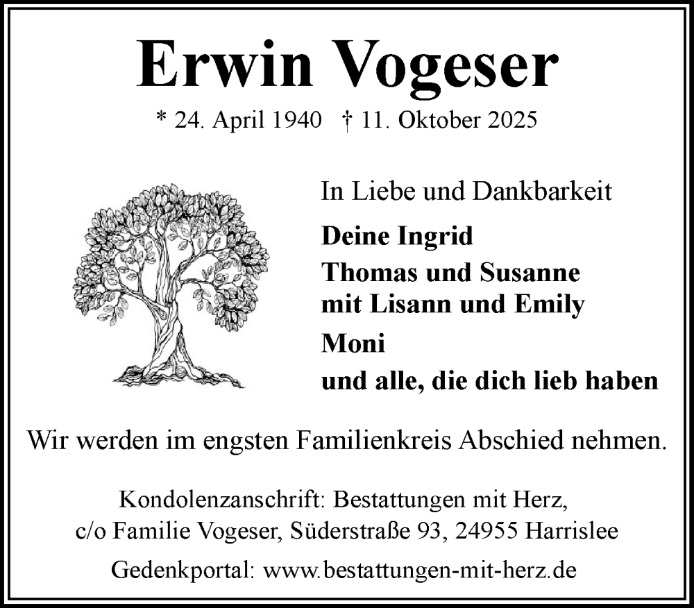  Traueranzeige für Erwin Vogeser vom 18.10.2025 aus Flensburger Tageblatt
