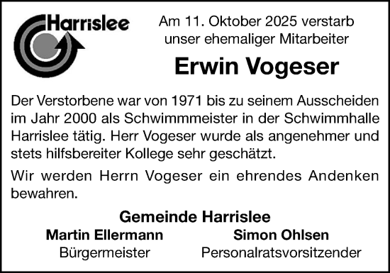Traueranzeige von Erwin Vogeser von Flensburger Tageblatt