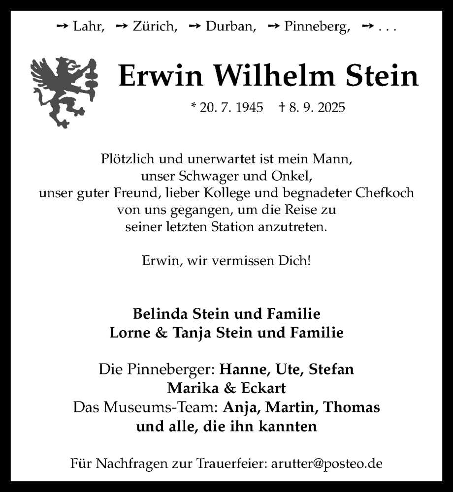  Traueranzeige für Erwin Wilhelm Stein vom 11.10.2025 aus Region Pinneberg und tip Pinneberg