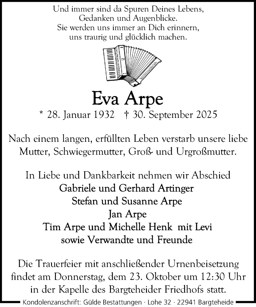  Traueranzeige für Eva Arpe vom 11.10.2025 aus MARKT Ahrensburg/Bargteheide/Trittau und Stormarner Tageblatt
