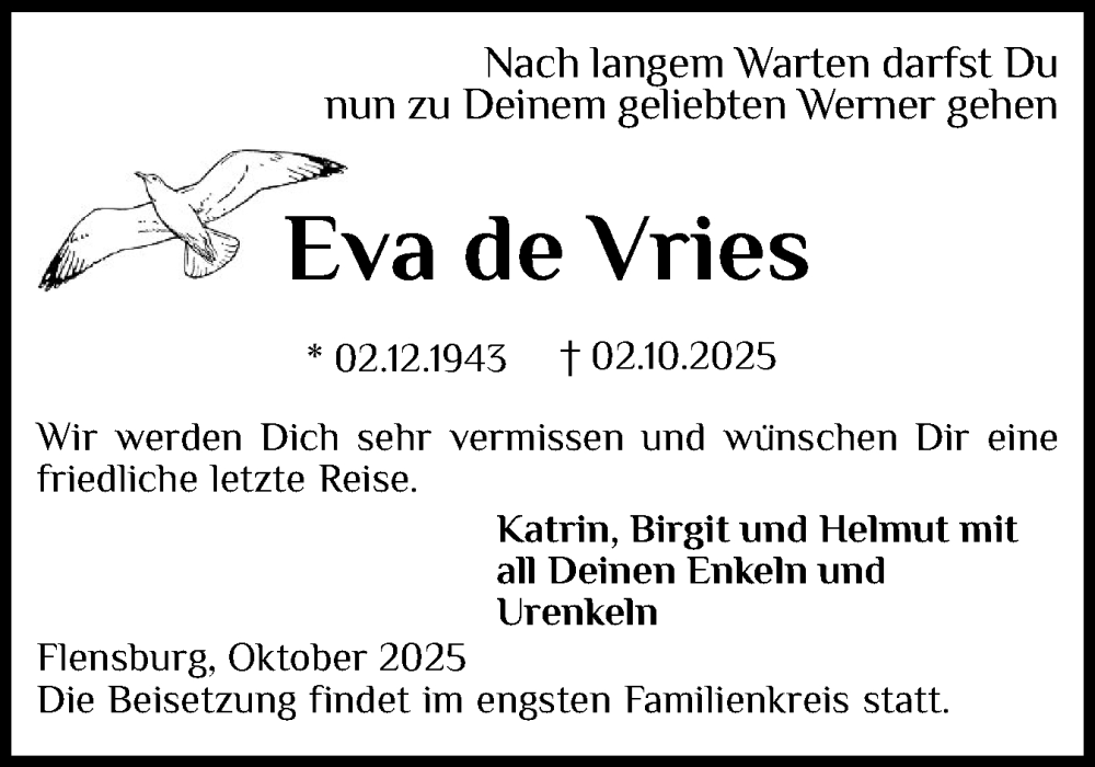 Traueranzeige für Eva de Vries vom 11.10.2025 aus Flensburger Tageblatt