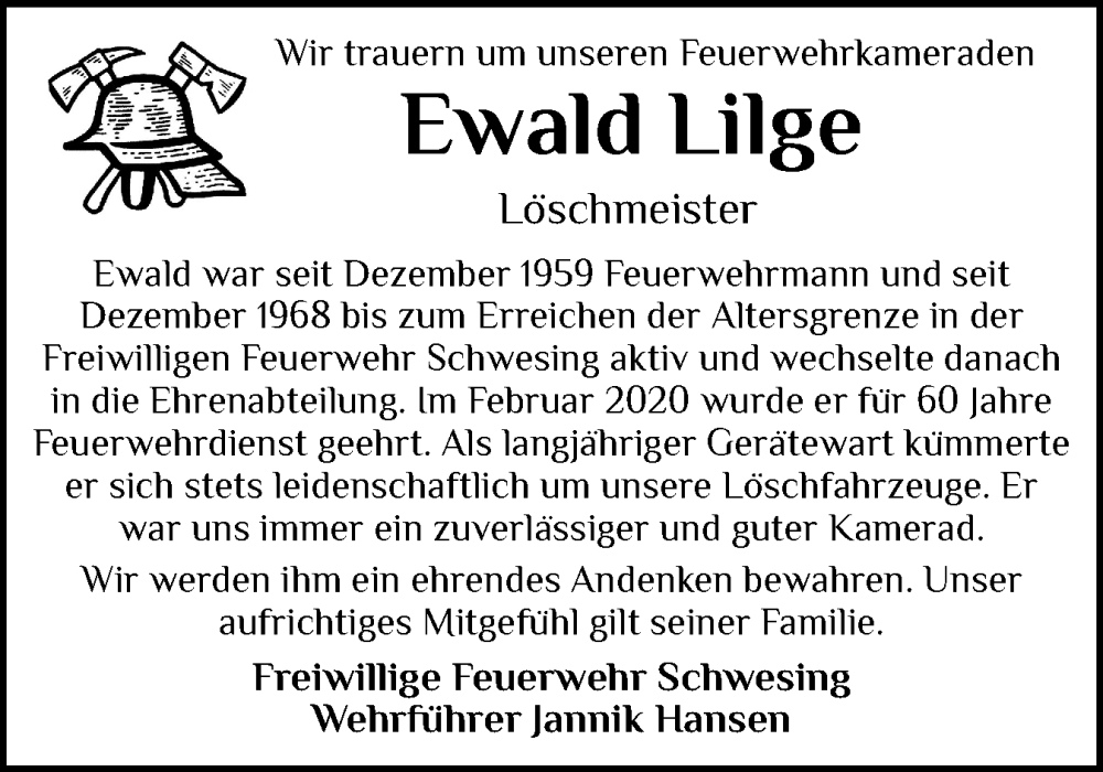  Traueranzeige für Ewald Lilge vom 14.10.2025 aus Husumer Nachrichten, Nordfriesland Tageblatt