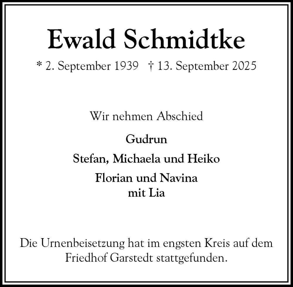  Traueranzeige für Ewald Schmidtke vom 04.10.2025 aus Heimatspiegel