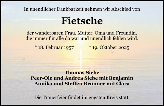 Traueranzeige von Fietsche  von Schleswiger Nachrichten, Schlei-Bote
