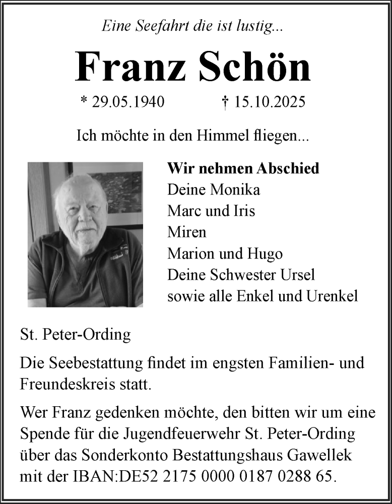  Traueranzeige für Franz Schön vom 24.10.2025 aus Husumer Nachrichten, Nordfriesland Tageblatt