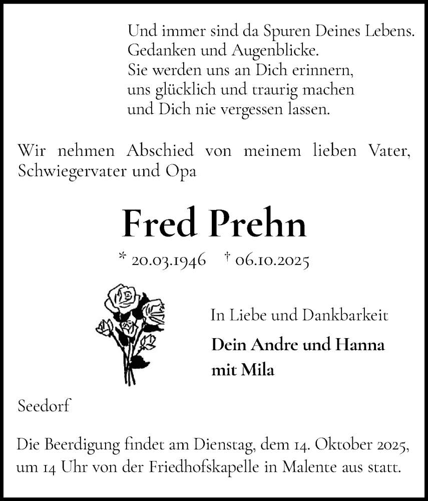  Traueranzeige für Fred Prehn vom 11.10.2025 aus Ostholsteiner Anzeiger