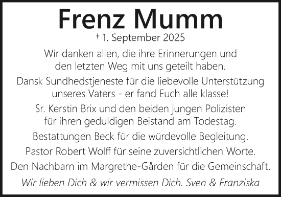 Traueranzeige von Frenz Mumm von Schleswiger Nachrichten, Schlei-Bote
