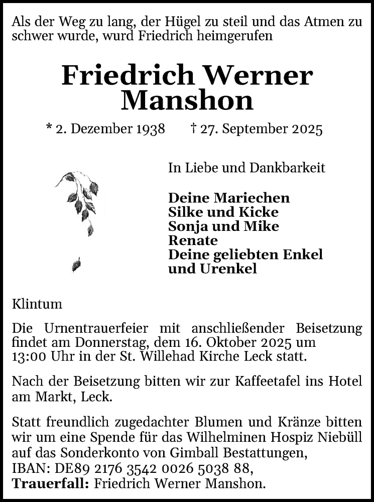 Traueranzeige für Friedrich Werner Manshon vom 04.10.2025 aus Husumer Nachrichten, Nordfriesland Tageblatt