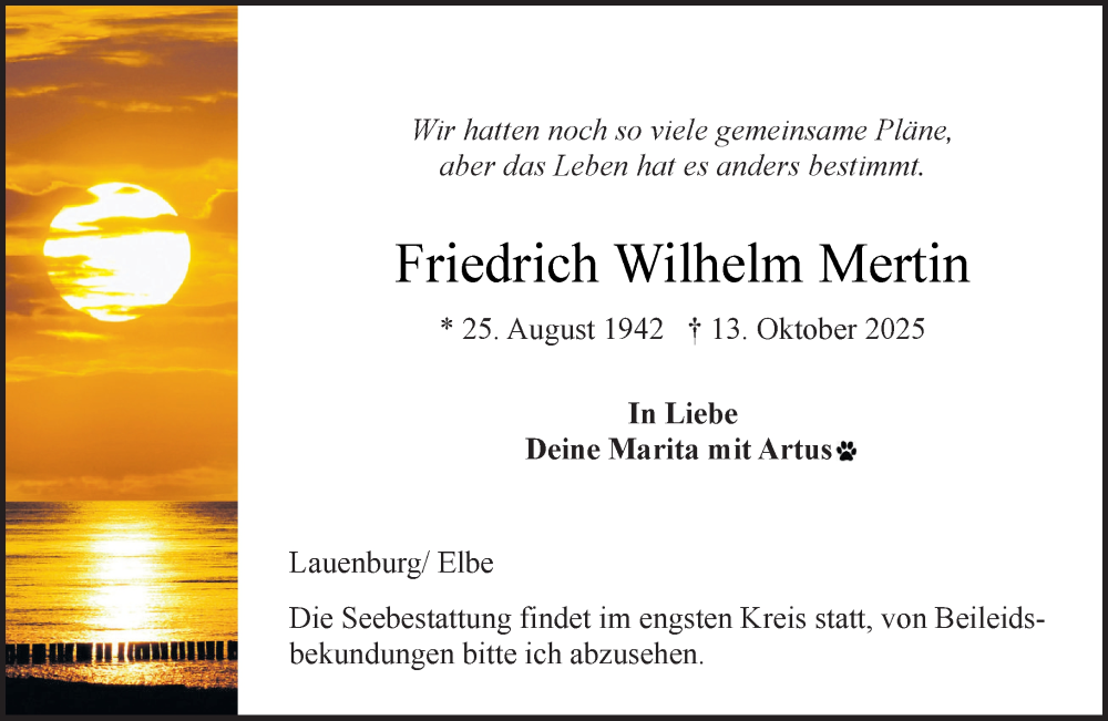  Traueranzeige für Friedrich Wilhelm Mertin vom 25.10.2025 aus Wochenend Anzeiger