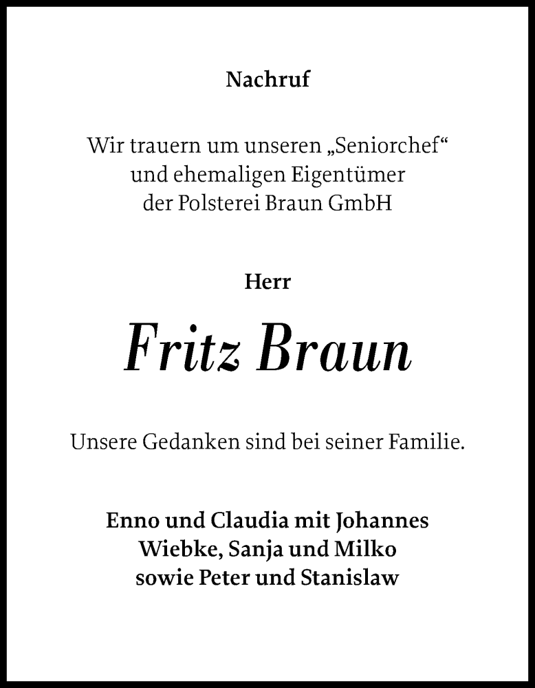  Traueranzeige für Fritz Braun vom 18.10.2025 aus Schleswig-Holsteinische Landeszeitung
