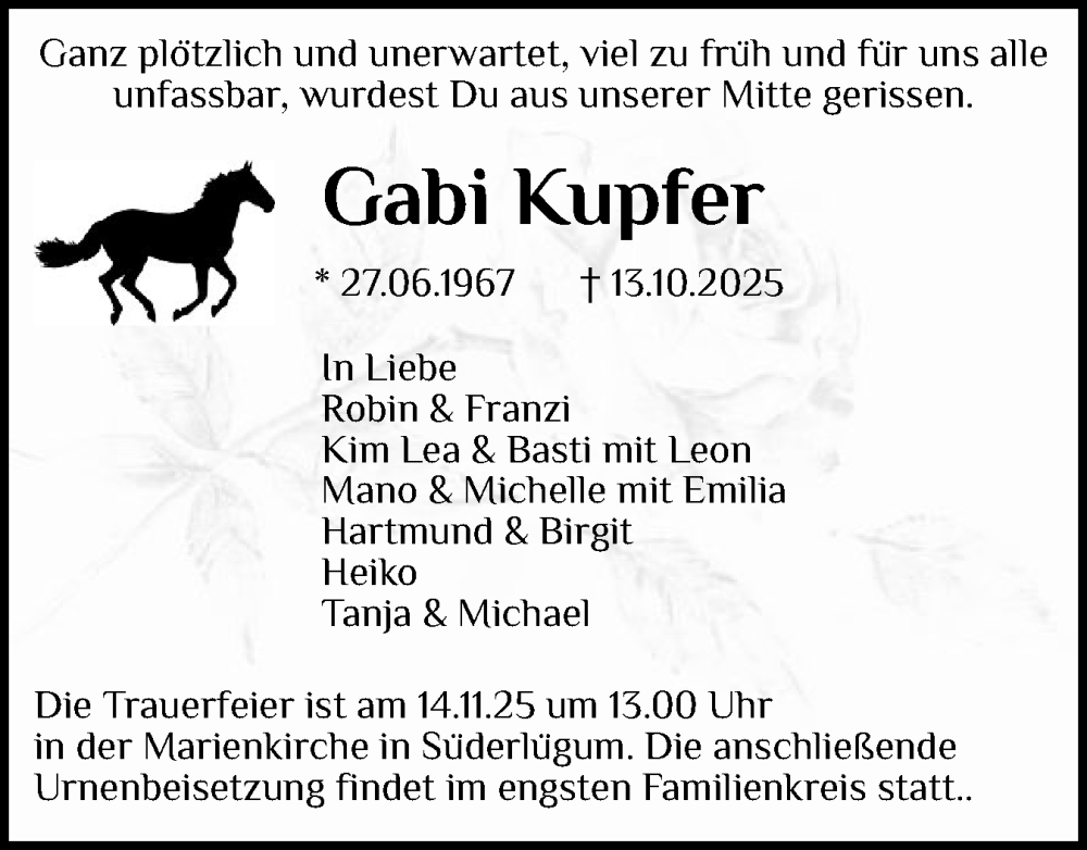  Traueranzeige für Gabi Kupfer vom 01.11.2025 aus Husumer Nachrichten, Nordfriesland Tageblatt