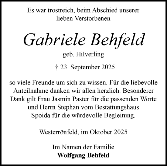 Traueranzeige von Gabriele Behfeld von Schleswig-Holsteinische Landeszeitung