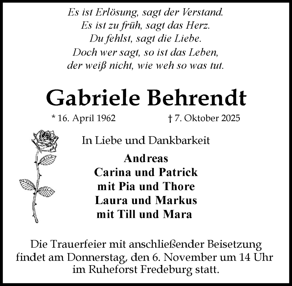  Traueranzeige für Gabriele Behrendt vom 01.11.2025 aus MARKT Ratzeburg/Mölln