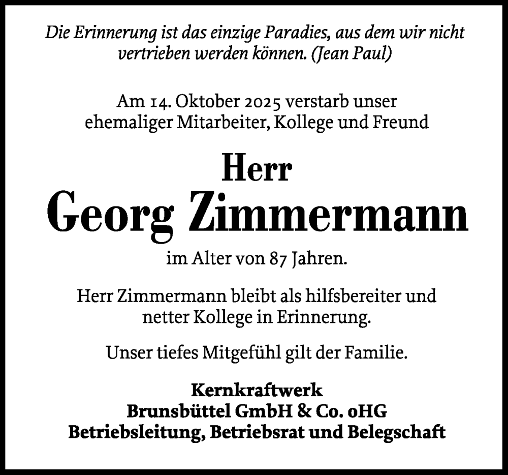  Traueranzeige für Georg Zimmermann vom 25.10.2025 aus Norddeutsche Rundschau, Wilstersche Zeitung, Glückstädter Fortuna