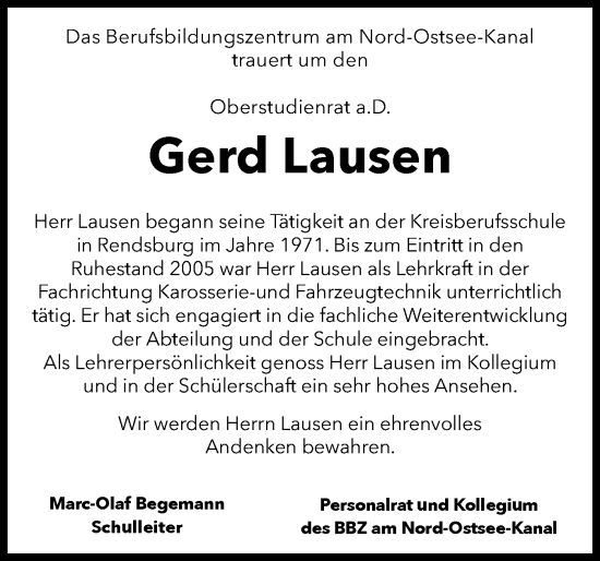 Traueranzeige von Gerd Lausen von Schleswig-Holsteinische Landeszeitung