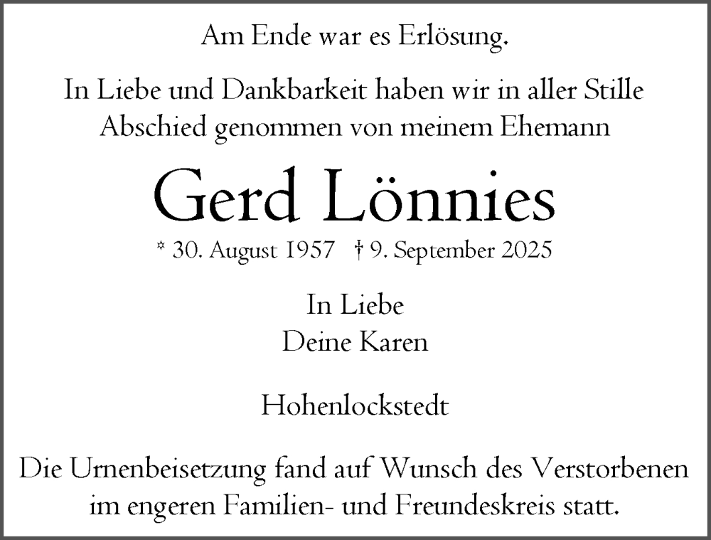 Traueranzeige für Gerd Lönnies vom 11.10.2025 aus Norddeutsche Rundschau, Wilstersche Zeitung, Glückstädter Fortuna