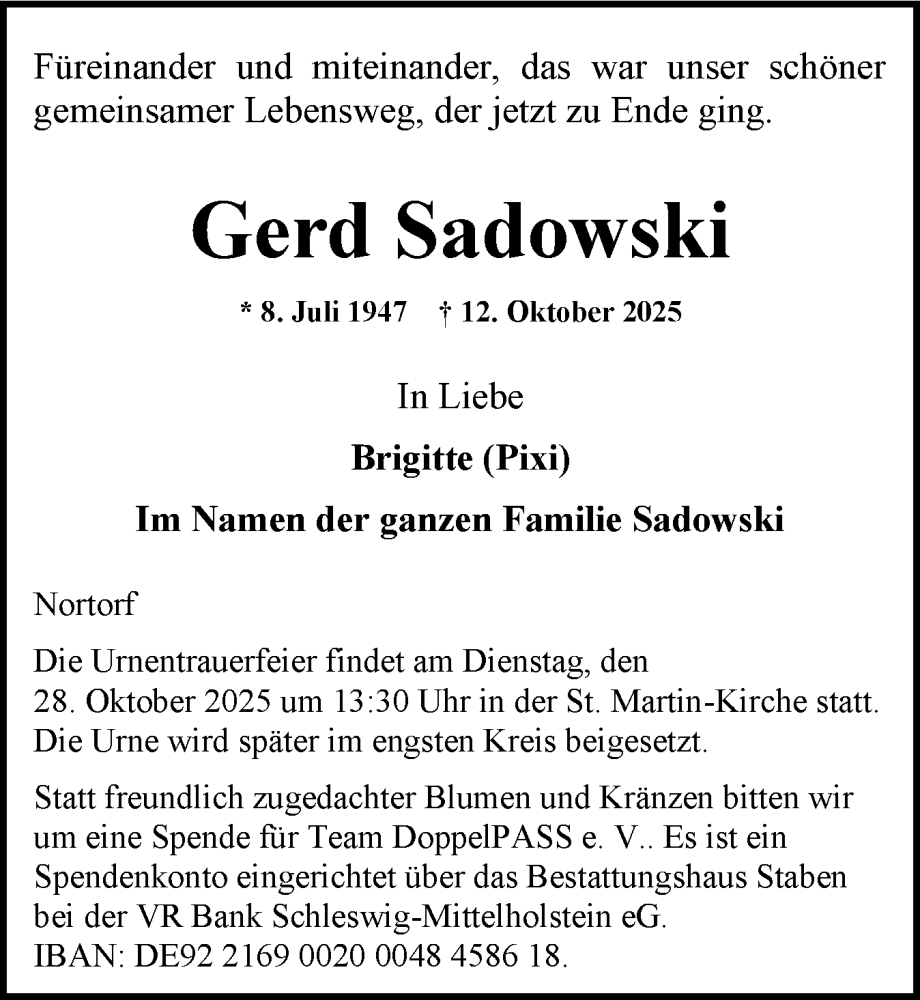  Traueranzeige für Gerd Sadowski vom 18.10.2025 aus Schleswig-Holsteinische Landeszeitung