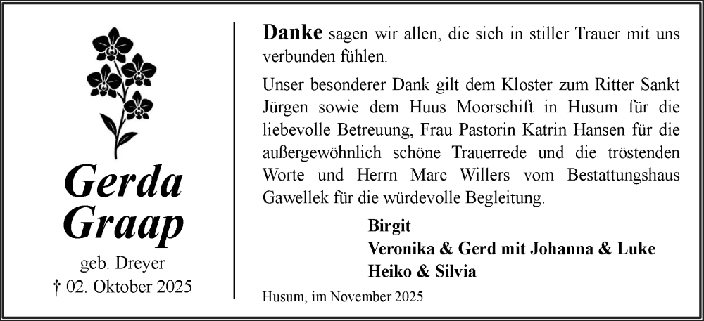  Traueranzeige für Gerda Gawellek vom 01.11.2025 aus Husumer Nachrichten, Nordfriesland Tageblatt
