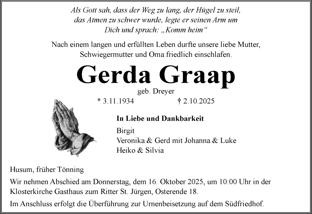  Traueranzeige für Gerda Graap vom 11.10.2025 aus Husumer Nachrichten, Nordfriesland Tageblatt