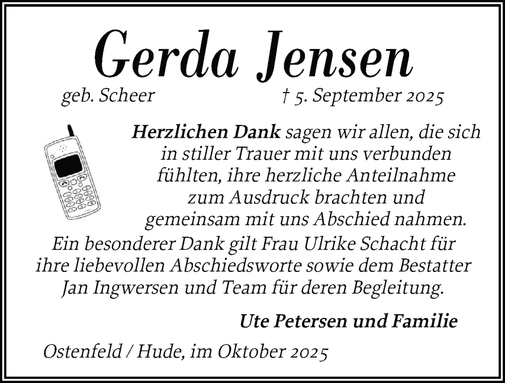  Traueranzeige für Gerda Jensen vom 17.10.2025 aus Husumer Nachrichten, Nordfriesland Tageblatt