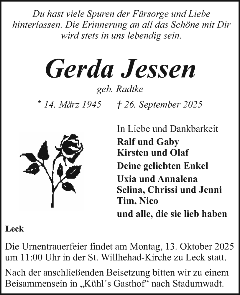  Traueranzeige für Gerda Jessen vom 04.10.2025 aus Husumer Nachrichten, Nordfriesland Tageblatt