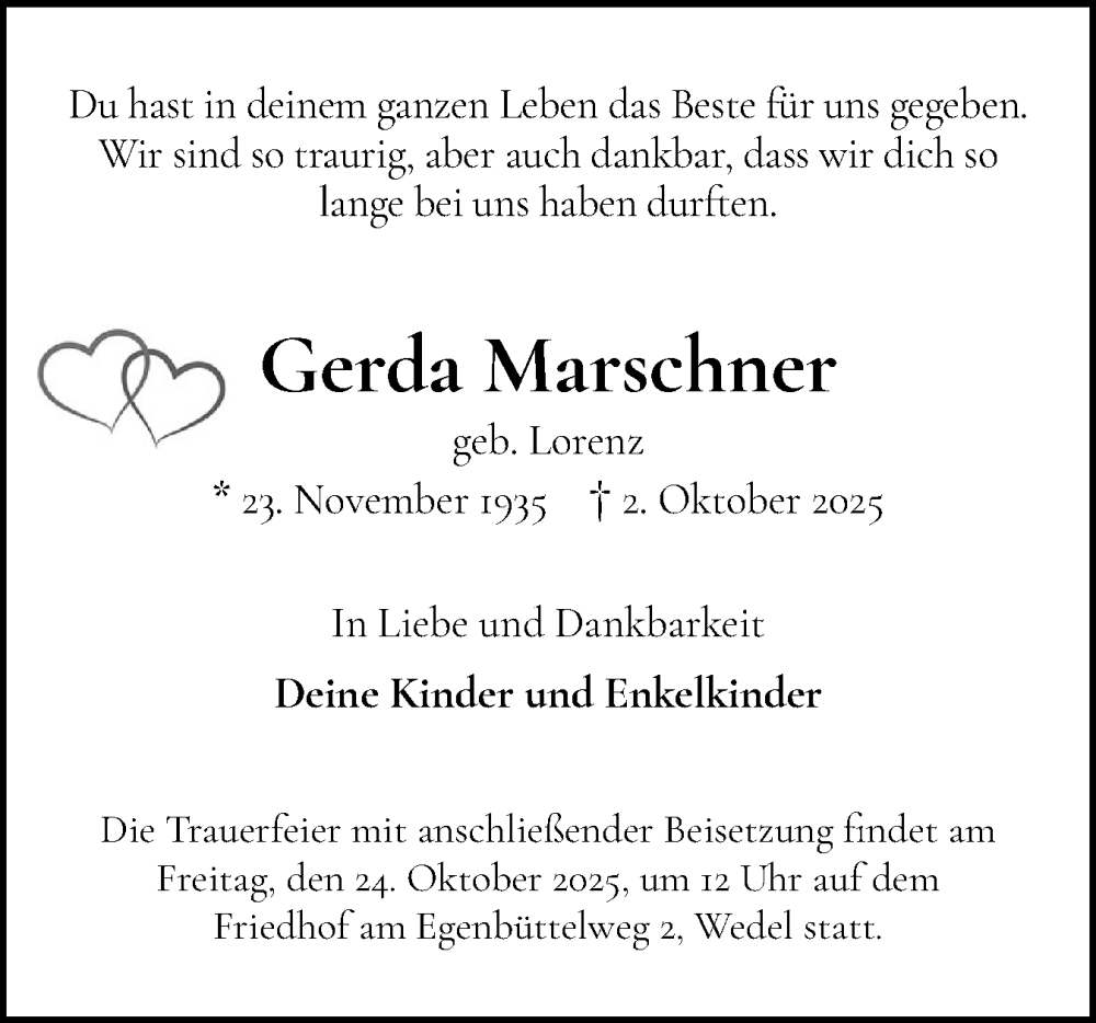  Traueranzeige für Gerda Marschner vom 18.10.2025 aus Wedel-Schulauer Tageblatt, tip Wedel-Schulauer Tageblatt, tip Rissener Rundschau