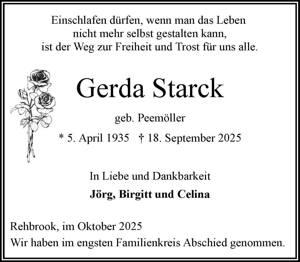  Traueranzeige für Gerda Starck vom 18.10.2025 aus MARKT Ahrensburg/Bargteheide/Trittau und Stormarner Tageblatt