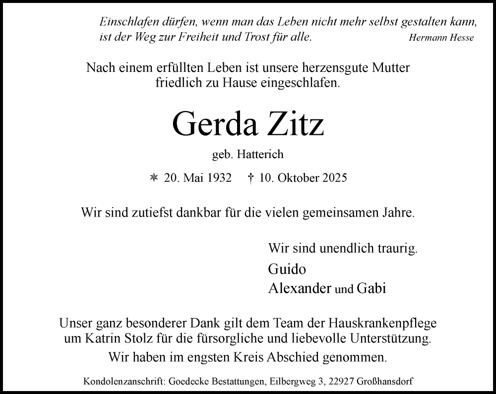  Traueranzeige für Gerda Zitz vom 25.10.2025 aus MARKT Ahrensburg/Bargteheide/Trittau und Stormarner Tageblatt