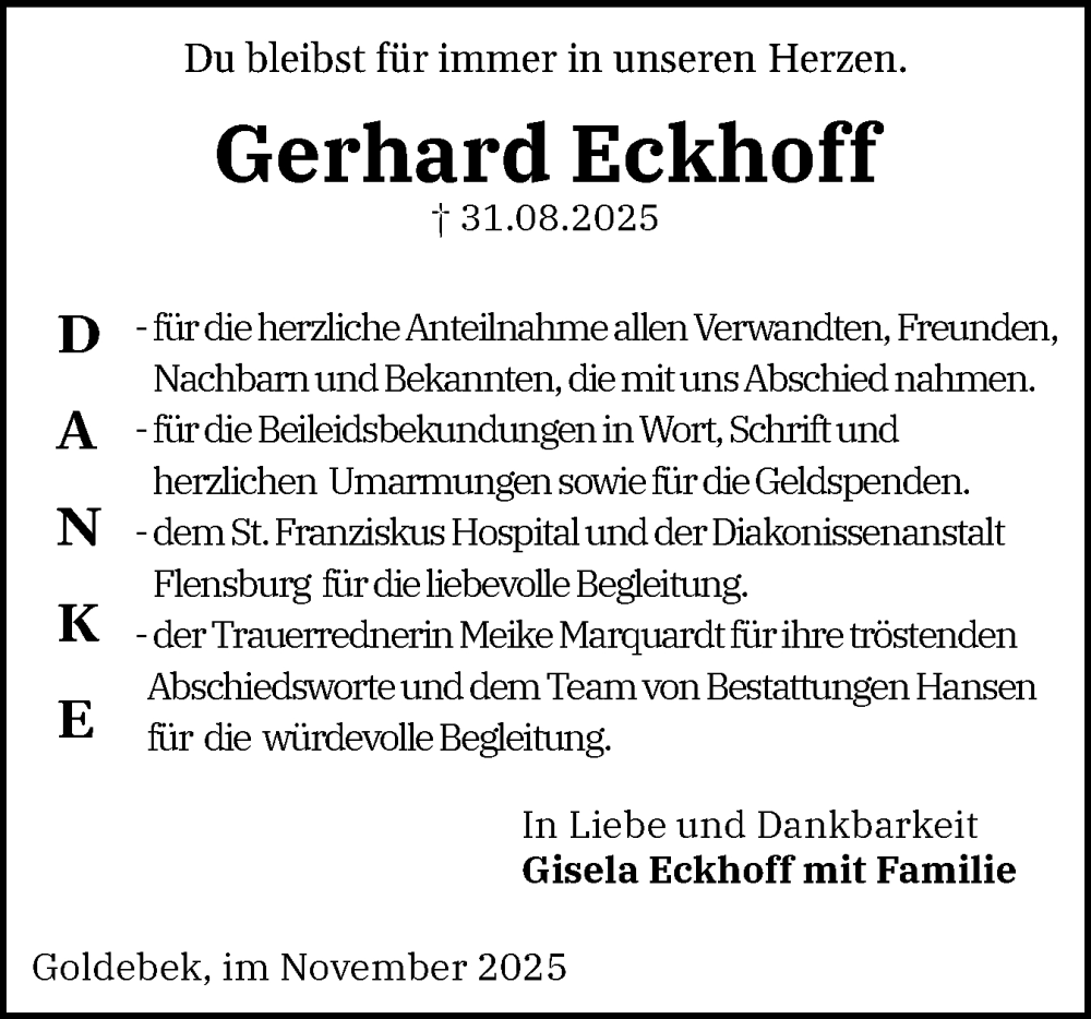  Traueranzeige für Gerhard Eckhoff vom 01.11.2025 aus Region Flensburg