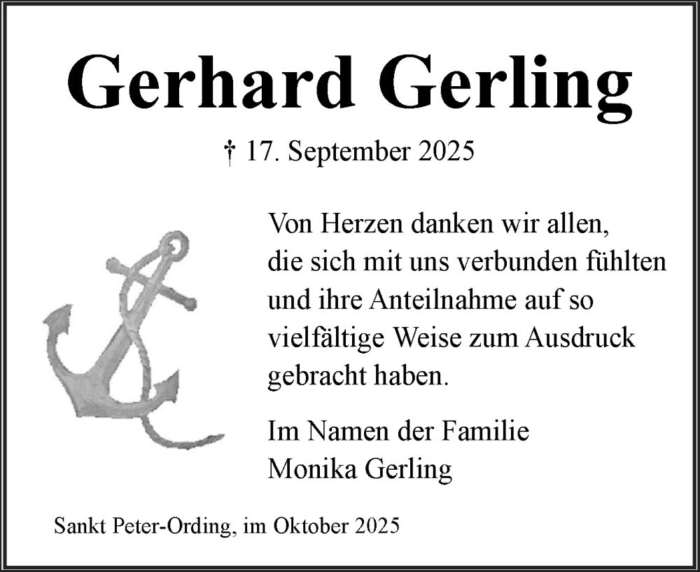  Traueranzeige für Gerhard Gerling vom 24.10.2025 aus Husumer Nachrichten, Nordfriesland Tageblatt