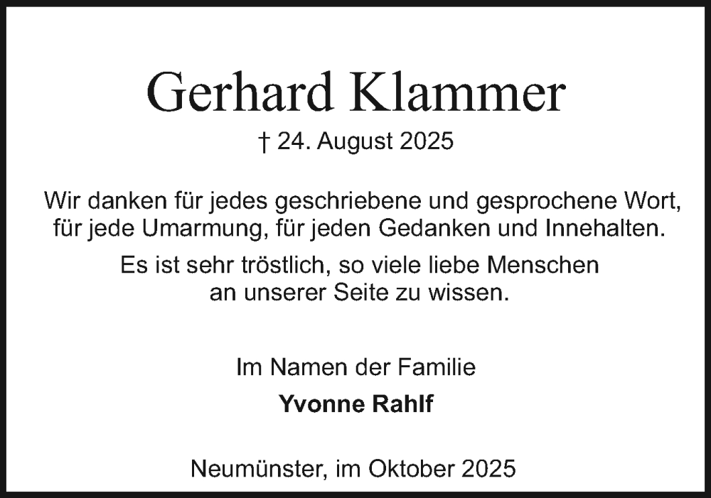  Traueranzeige für Gerhard Klammer vom 11.10.2025 aus Holsteinischer Courier