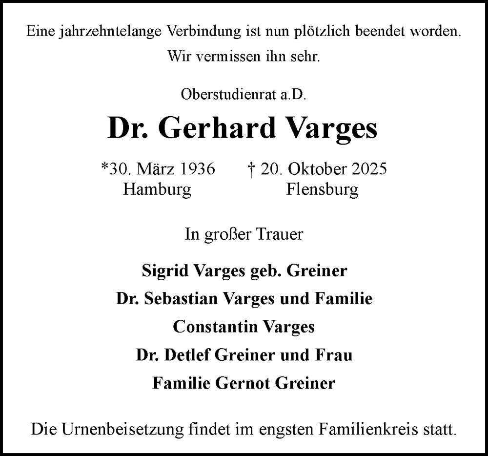  Traueranzeige für Gerhard Varges vom 01.11.2025 aus Flensburger Tageblatt