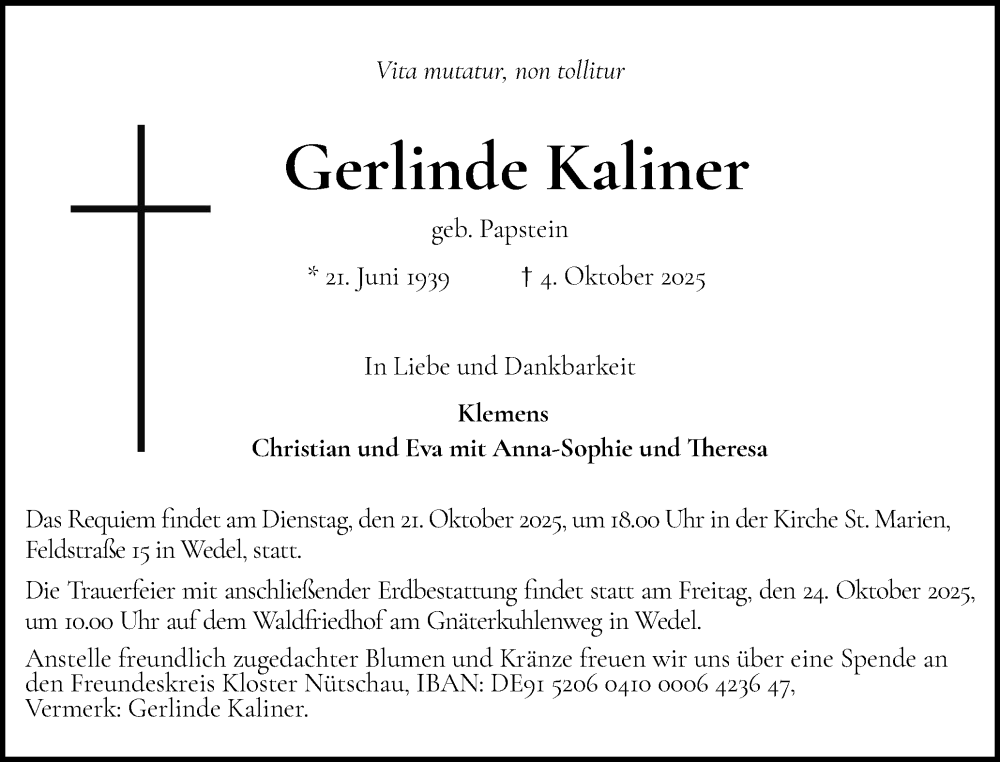  Traueranzeige für Gerlinde Kaliner vom 18.10.2025 aus Wedel-Schulauer Tageblatt, tip Wedel-Schulauer Tageblatt, tip Rissener Rundschau