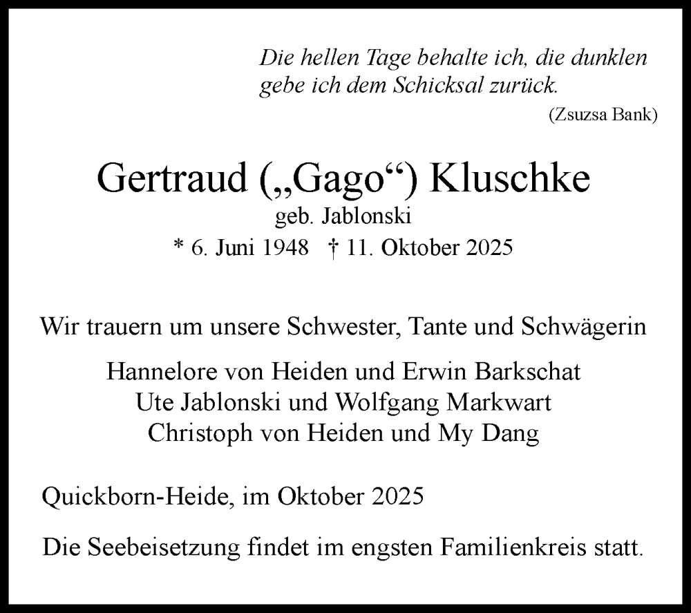  Traueranzeige für Gertraud Kluschke vom 25.10.2025 aus Region Pinneberg und tip Pinneberg
