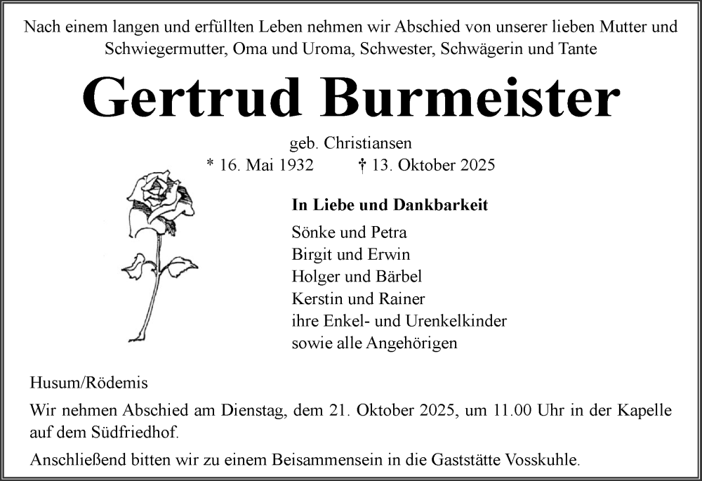  Traueranzeige für Gertrud Burmeister vom 17.10.2025 aus Husumer Nachrichten, Nordfriesland Tageblatt