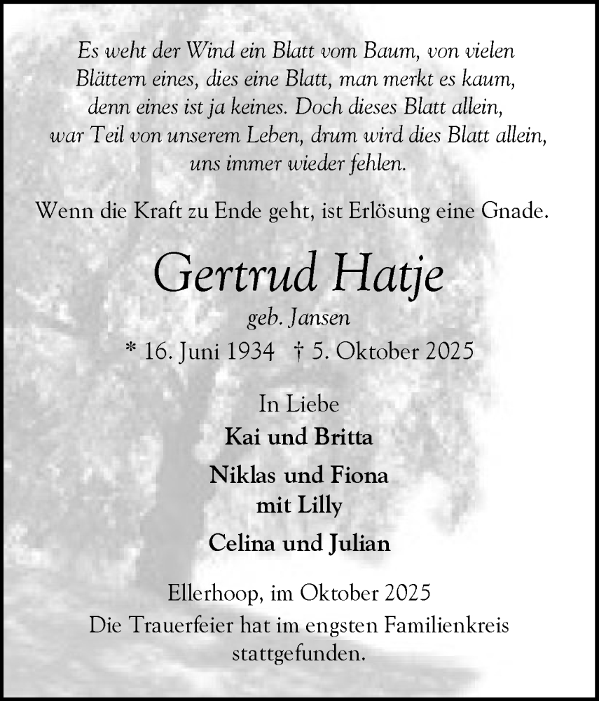  Traueranzeige für Gertrud Hatje vom 25.10.2025 aus Elmshorner Nachrichten, Barmstedter Zeitung