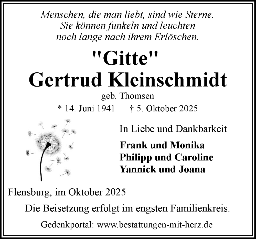  Traueranzeige für Gertrud Kleinschmidt vom 11.10.2025 aus Flensburger Tageblatt