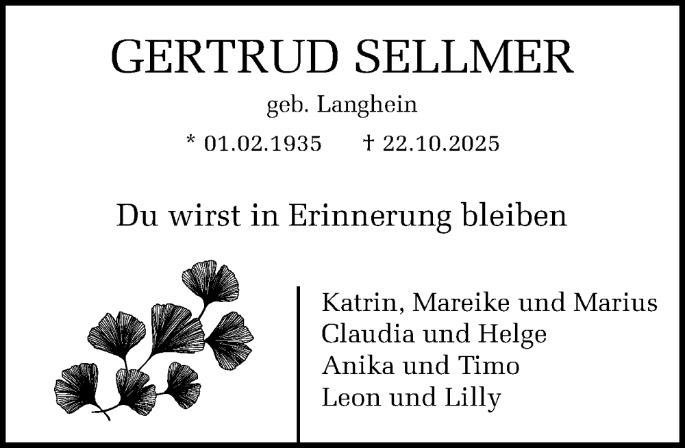  Traueranzeige für Gertrud Sellmer vom 01.11.2025 aus MARKT Bad Oldesloe/Reinfeld und Stormarner Tageblatt