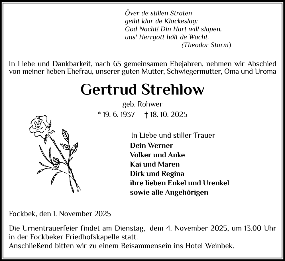  Traueranzeige für Gertrud Strehlow vom 01.11.2025 aus Schleswig-Holsteinische Landeszeitung