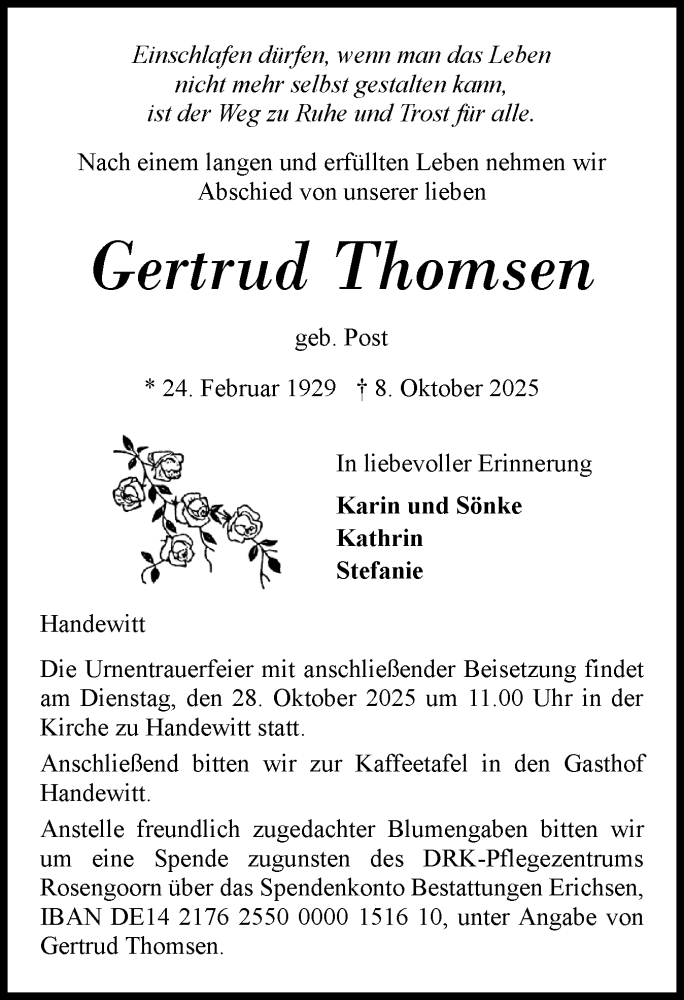  Traueranzeige für Gertrud Thomsen vom 18.10.2025 aus Flensburger Tageblatt
