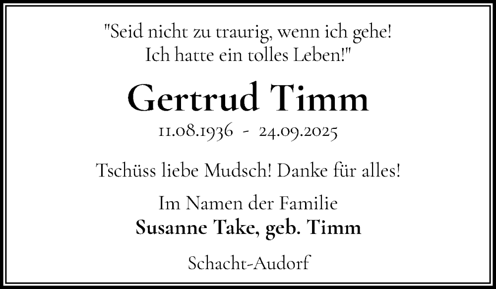 Traueranzeige für Gertrud Timm vom 11.10.2025 aus Flensburger Tageblatt