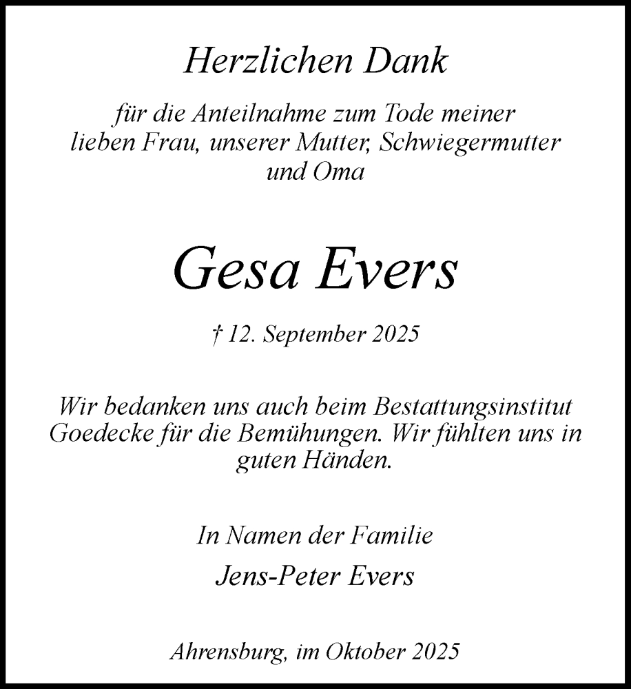  Traueranzeige für Gesa Evers vom 25.10.2025 aus MARKT Ahrensburg/Bargteheide/Trittau und Stormarner Tageblatt